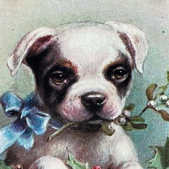 Puppy painting with red ribbon hanger with Season Greetings 6.5” X 9” - Picture 3 of 4